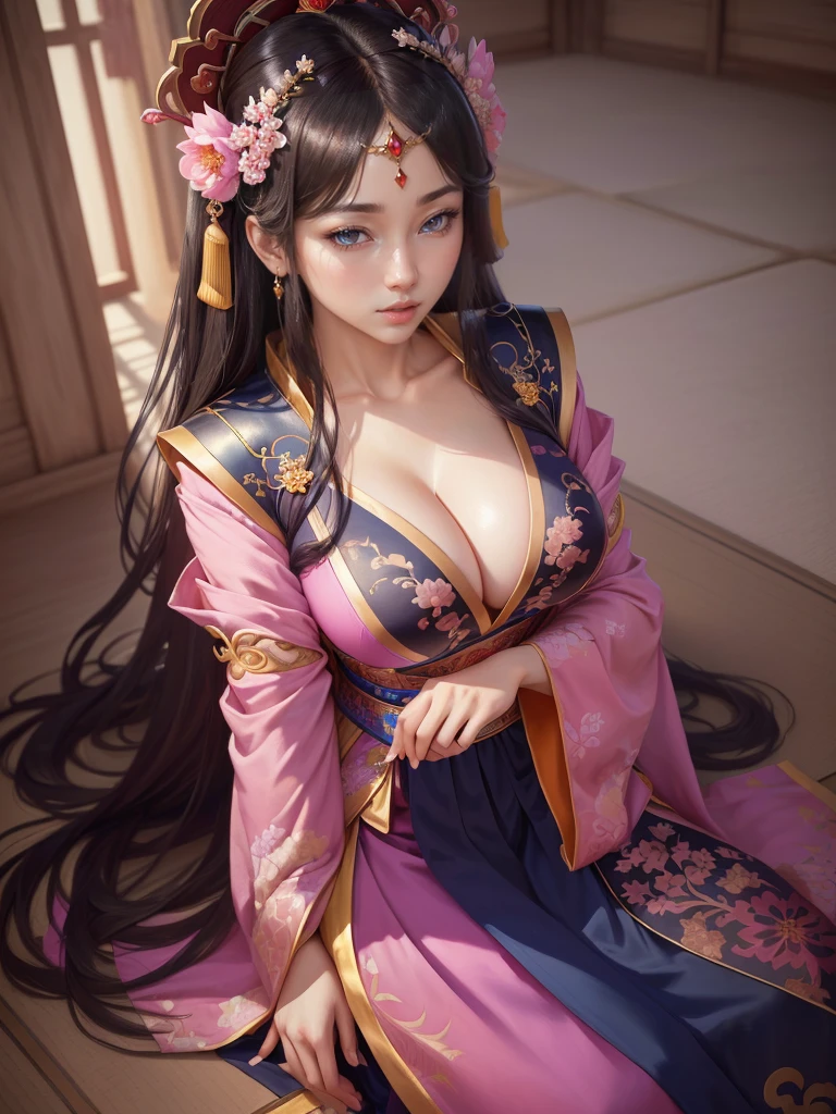 Painting of a woman in a pink and blue dress, Beautiful Fantasy Empress, ancient Chinese Princess, Beautiful character drawings, Chinese Princess, palace, Girl in Han Dress, Princess of an ancient Asian dynasty, Ancient Chinese Beauties, Inspired by Run In, Beautiful and attractive anime woman, Beautiful Fantasy Empress, Beautiful renderings of the Tang Dynasty, Beautiful oriental woman, Empress of China, Highly detailed CG unit 8k wallpaper, masterpiece, High resolution, highest quality, highest quality real texture skin, Super Real, Digital Painting, Best image quality, 最High resolution, 8k, ((Highly detailed eyes and face, Beautiful eyes every detail)), (wariza, seiza, from front, girl sitting, sit on the floor), huge breasts, gigantic breasts, disproportionate breasts, huge breasts, gigantic breasts, open your mouth, erect nipple,