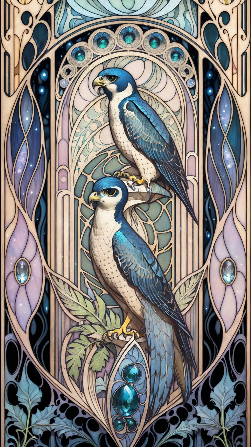((Art Nouveau Style)); (blue gems); Peregrine Falcon, green ferns, small orange streaks; symmetrical with thick lines, Fibonacci, golden ratio, 3D metal structure tessellation, neural graphic, neurons, color, love, passion, incredibly detailed, 8k, masterpiece, artstation, surreal