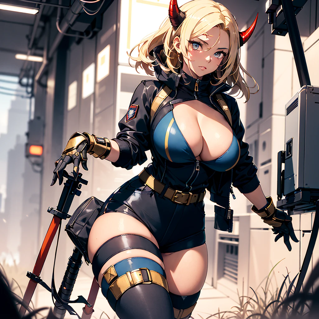 ((best quality)), ((masterpiece)), (detailed), 1girl, 8k_wallpaper, extremely detailed eyes, extremely detailed body, beautiful face, perfect face, detailed ((blonde hair)), (gold eyes), ((large big red and blue horns)), {{dark skin}}, ({dark skinned female}), gigantic breasts, thick thighs, strong arm and leg muscles, strong abdominal muscles, Monster women, Korean women, wearing a modern short black cloth jacket with rolled up sleeves, (wearing heavy gold colored steel cyberpunk armor), a wide red leather belt with blue steel yarn, steel boots, steel thigh guards, a military radio hangs on her belt, a biker girl, she rides on another planet along a lilac field against the backdrop of a blue desert and high red mountains,