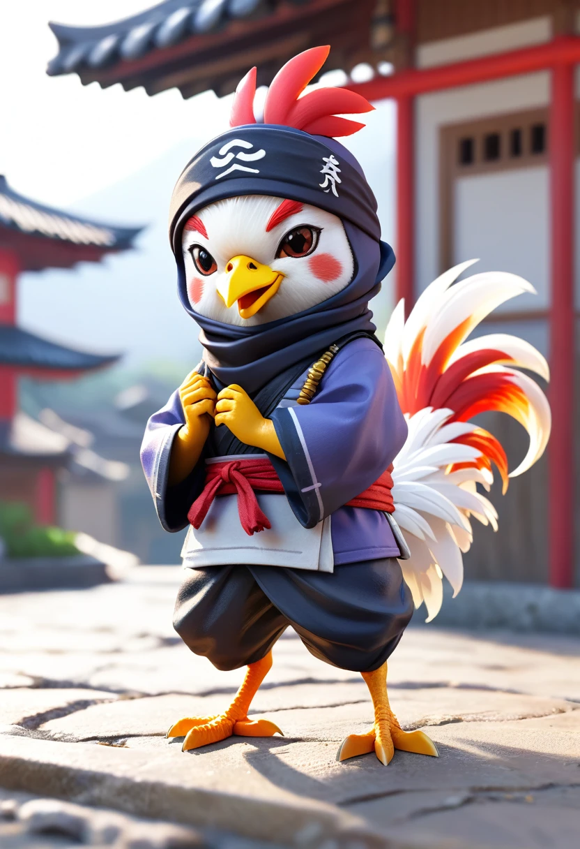 full body Esbian、Cool Ninja Chicken、diorama、symple background、White background、bandana、masterpiece, Best Quality, Capture super cute moments, depth of fields, ultra-detailliert, Ultra High Resolution, Octadale, 8K, 16 K