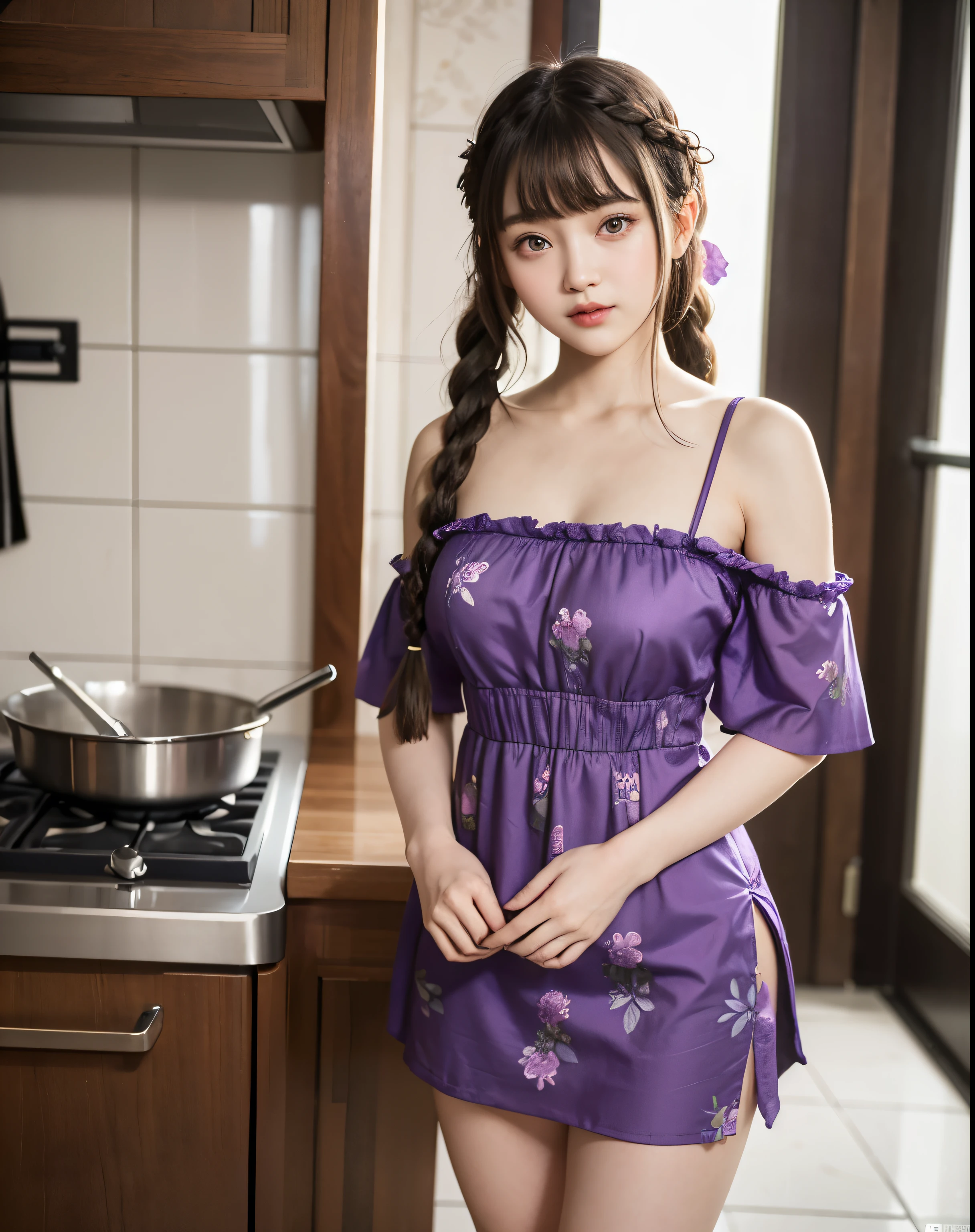zydG, 1girl, ((dwarf girl)), 4'6" stature, dwarf, child-sized, short, detailed skin, cute, young adult, pale skin, green eyes, looking at viewer, brown eyes, (very long twin braided hair with blunt bangs:1.2), (medium perky breasts:1.0), (small areolae:0.8), full body, wearing a rich purple flowing sundress with floral patterns, standing in decorated Korean kitchen, almond-shaped eyes, 8k, highres, detailed clothes, detailed hands, detailed eyes, detailed background
(photorealistic:1.4), (best quality:1.0), (ultra highres:1.0), 8k, RAW photo, (masterpiece:0.2), (pureerosface_v1:0.5), emphasis height in scene,