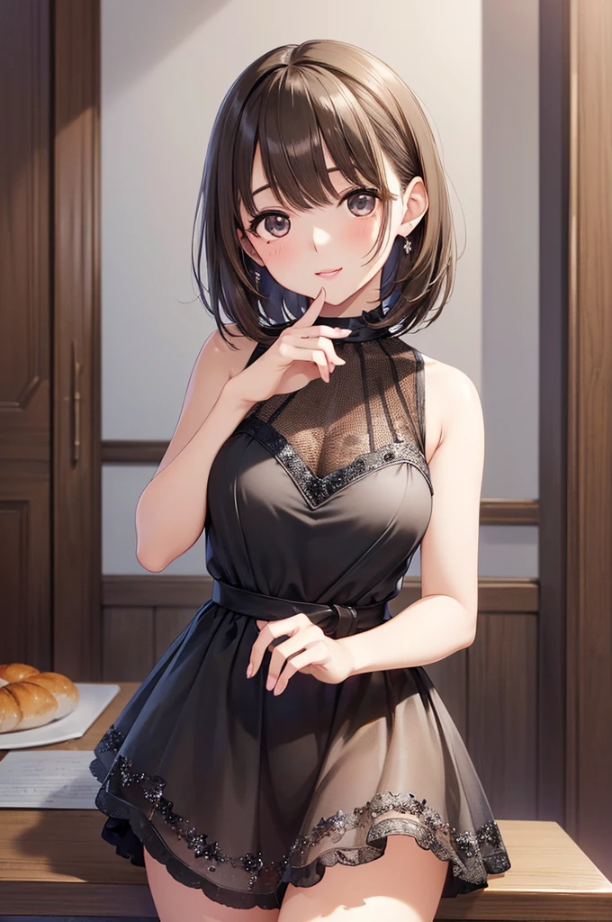 (Highest quality, High resolution, masterpiece:1.2),, Beautiful woman, Delicate eyes, Detailed lips, ((Sleeveless black evening mini dress)), A single photo, Anime Style、anegasaki nene、Shiny brown hair, short hair, (Beautiful brown eyes)、smile、Sparkling eyes, (Fine grain)、Ultra-detailed eyes、Highly detailed face, Highly detailed eyes,Cowboy Shot、