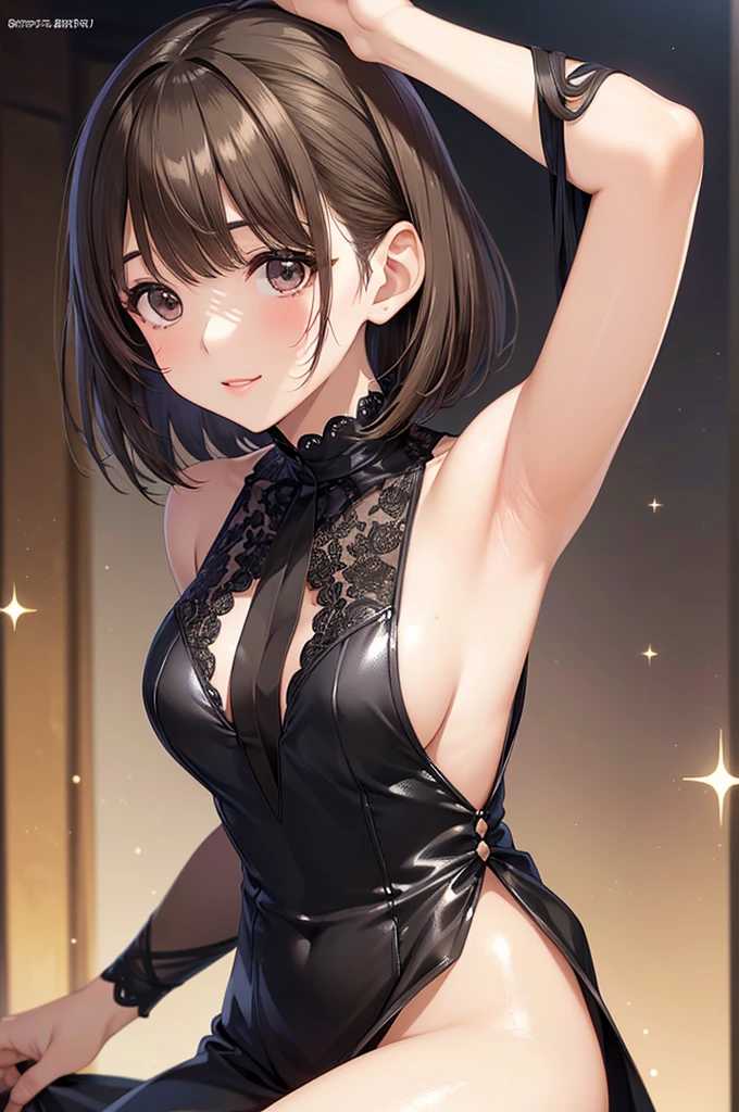 (Highest quality, High resolution, masterpiece:1.2),, Beautiful woman, Delicate eyes, Detailed lips, ((Sleeveless black evening mini dress)), A single photo, Anime Style、anegasaki nene、Shiny brown hair, short hair, (Beautiful brown eyes)、smile、Sparkling eyes, (Fine grain)、Ultra-detailed eyes、Highly detailed face, Highly detailed eyes,Cowboy Shot、