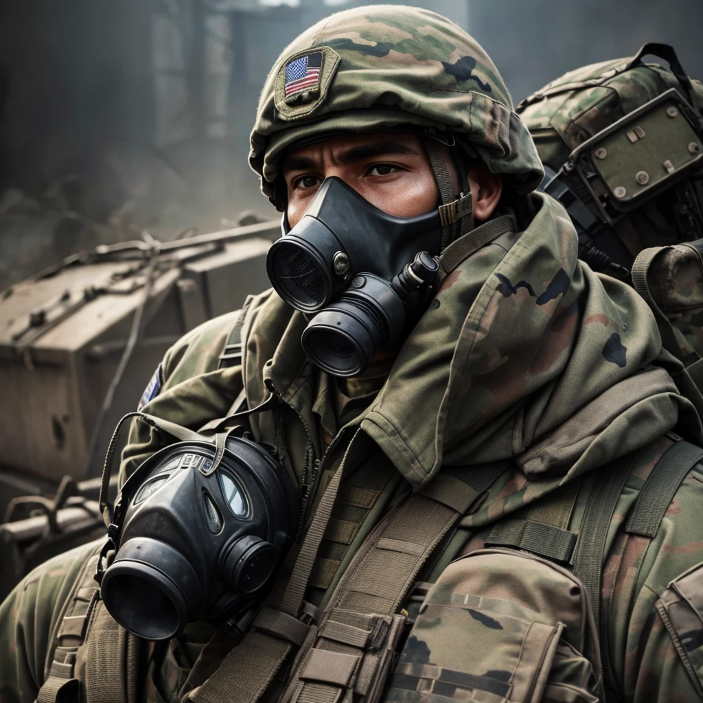 An american soldier wearing a gas mask, hell on background, scary