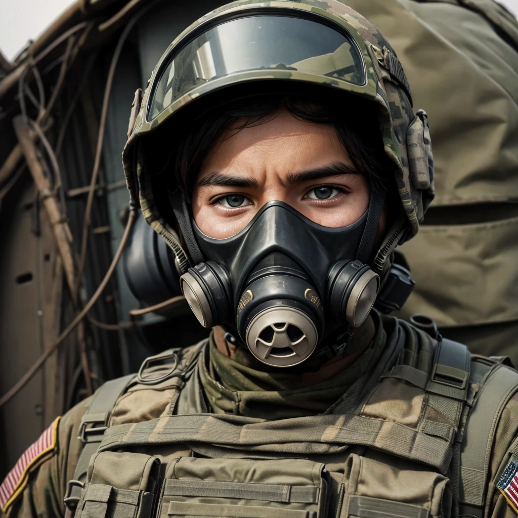 An american soldier wearing a gas mask, hell on background, scary