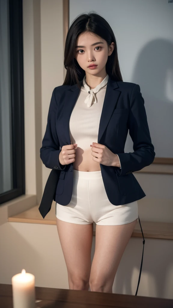 Tied and tied woman in a dark room、Her hands were behind her back and her wrists were tied with rope.、beauty、Wear a dark blue, long-sleeved blazer.、 floating hair, straight hair, shiny hair, eyeball, shy, Surrealism, movie light, UHD, best quality, height, 8ก