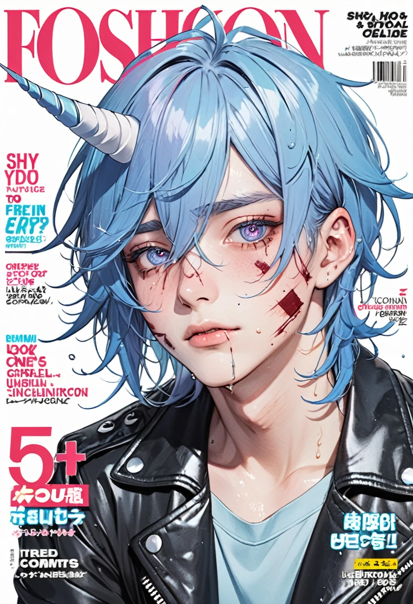 Semi-human unicorn boy, pastel blue hair, long and slightly messy hair, pale blue unicorn horn, dark blue eyes, long eyelashes, red dark circles under his eyes, bruises and wounds on the face, tired expression, blushing, sweaty, handsome, cute boy, motorcycle jacket, black combat gloves, pins of hearts in the jacket, in the cover of fashion and gossip magazine,  shy expression, band-aid on cheek, heart-shaped pupils 