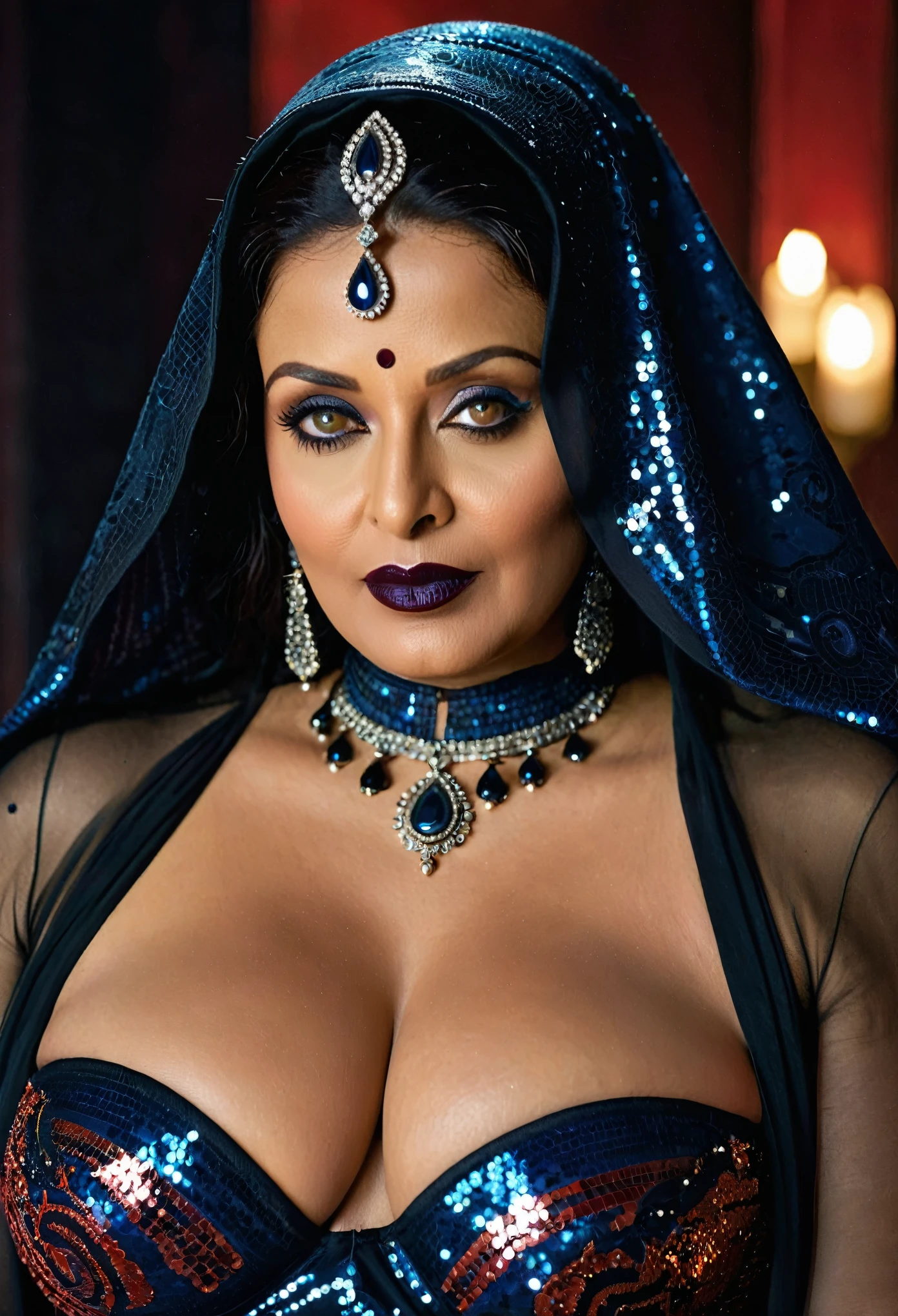 Looks like Aishwarya Rai, Big chubby aunty, milf, cougar lady witch, horny Gothic milf,  70 years old gorgeous mature lady, pervert demoness, demoness of lust, curvy, black lips, horny face, extremely gorgeous, thick figure, heavy physique, voluptuous, curvy, sexy figure, Fashionable portrait of androgynous alien looking witch wearing veil, glowing eyes, futuristic design, minimal details, givenchy, photoreal, 200mm, hd, f/ 2.0, highly detailed, surreal, sexy beautiful evil woman, sexy bold sequin Saree with strapless Bra, chudail, Pishachini, horror genre, blood-thirsty enchantress, powerful female spirit, eerie, drop dead, in the style of red and blue, (intricate details, hyperdetailed:1.15) (skin texture:1.2), dark Moody tone, cinematic lighting, haunted place in background, 