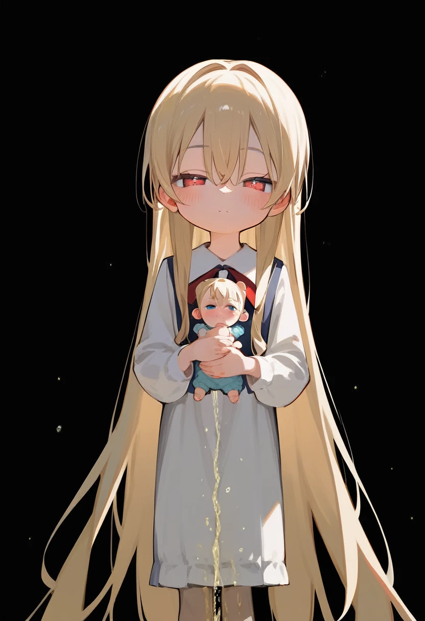 looking at viewer,half-closed eyes,(best quality:1.2),(very aesthetic:1.2),(detailed:1.2),(masterpiece:1.2),(highres),(black background),solo,1girl,(mesugaki:1.3),(loli,baby face:1.3),(very long hair:1.3),(red eyes),(standing:1.3),hair between eyes,blonde hair,pale skin,One girl is peeing,embarrassed, blush,Keep one's mouth shut,In the street,(girl is peeing self:1.3),Omorashi
