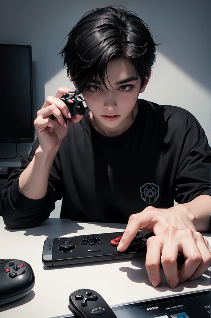 logo of playing fun game with controller wearing glass and black hair