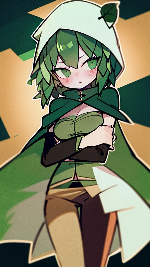 green hair, green sclera, green eyes, colored skin, green skin, domino mask, cape, hood black jacket, brown pants leaf, crossed arms, blushing