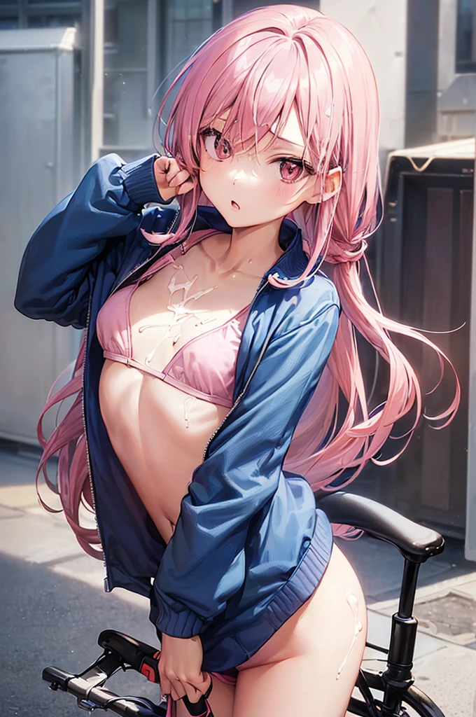 masterpiece, best quality,anime style, 1 girl,(((slender body))), (((small eyes,small breast))),(((Jacket, Open your clothes, Open jacket, Blue jacket, ground vehicle, Sports Bra, bicycle,buruma))),((((cum)))), (beautiful face), (((single braid))), (((straight hair))), ((((pink hair)))),detailed beautiful skin, (perfect hands, perfect anatomy)