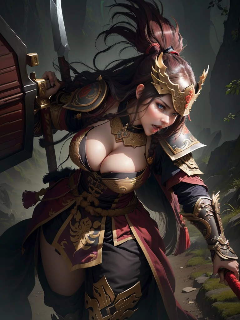 a woman with a large axe and a feathered head, inspired by Hu Zaobin, berserker potrait, guan yu, bian lian, sun wukong, mongol, inspired by Huang Shen, inspired by Li Gonglin, tai warlord, inspired by Wu Bin, wukong, inspired by Li Kan, naranbaatar ganbold, Highly detailed CG unit 8k wallpaper, masterpiece, High resolution, highest quality, highest quality real texture skin, Super Real, Digital Painting, Best image quality, 最High resolution, 8k, ((Highly detailed eyes and face, Beautiful eyes every detail)), 1girl, Full Body Shot, Saggy breasts, Gravity-dependent breasts, long chest, Heavy chest, disproportionate breasts, huge breasts, sagging breasts, gigantic breasts, erect nipple, Cleavage cut out, Look away, Gazing into the distance, ((open your mouth wide, stick out tongue, ahegao)), (evil smile, madness, 遠くをにらむ, 遠くを見つめる. profile),