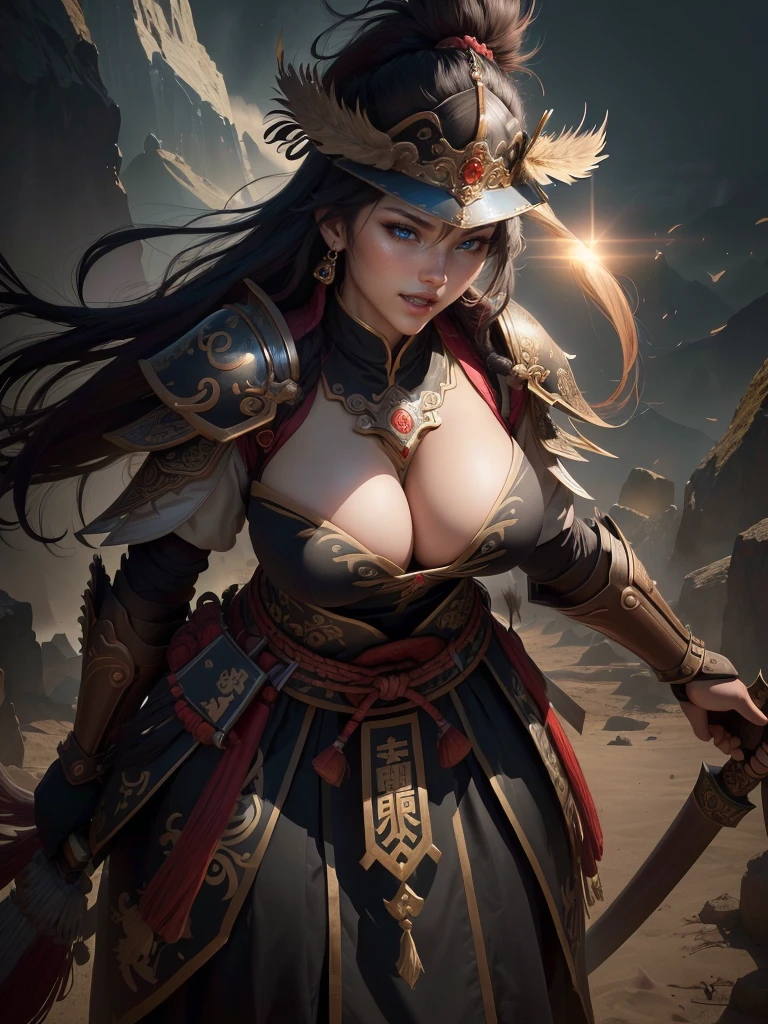 a woman with a large axe and a feathered head, inspired by Hu Zaobin, berserker potrait, guan yu, bian lian, sun wukong, mongol, inspired by Huang Shen, inspired by Li Gonglin, tai warlord, inspired by Wu Bin, wukong, inspired by Li Kan, naranbaatar ganbold, Highly detailed CG unit 8k wallpaper, masterpiece, High resolution, highest quality, highest quality real texture skin, Super Real, Digital Painting, Best image quality, 最High resolution, 8k, ((Highly detailed eyes and face, Beautiful eyes every detail)), 1girl, Full Body Shot, Saggy breasts, Gravity-dependent breasts, long chest, Heavy chest, disproportionate breasts, huge breasts, sagging breasts, gigantic breasts, erect nipple, Cleavage cut out, Look away, Gazing into the distance, ((open your mouth wide, stick out tongue, ahegao)), (evil smile, madness, 遠くをにらむ, 遠くを見つめる. profile),