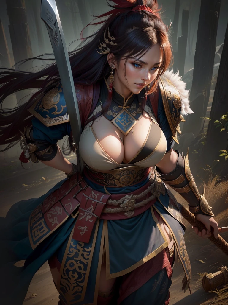 a woman with a large axe and a feathered head, inspired by Hu Zaobin, berserker potrait, guan yu, bian lian, sun wukong, mongol, inspired by Huang Shen, inspired by Li Gonglin, tai warlord, inspired by Wu Bin, wukong, inspired by Li Kan, naranbaatar ganbold, Highly detailed CG unit 8k wallpaper, masterpiece, High resolution, highest quality, highest quality real texture skin, Super Real, Digital Painting, Best image quality, 最High resolution, 8k, ((Highly detailed eyes and face, Beautiful eyes every detail)), 1girl, Full Body Shot, Saggy breasts, Gravity-dependent breasts, long chest, Heavy chest, disproportionate breasts, huge breasts, sagging breasts, gigantic breasts, erect nipple, Cleavage cut out, Look away, Gazing into the distance, ((open your mouth wide, stick out tongue, ahegao)), (evil smile, madness, 遠くをにらむ, 遠くを見つめる. profile),