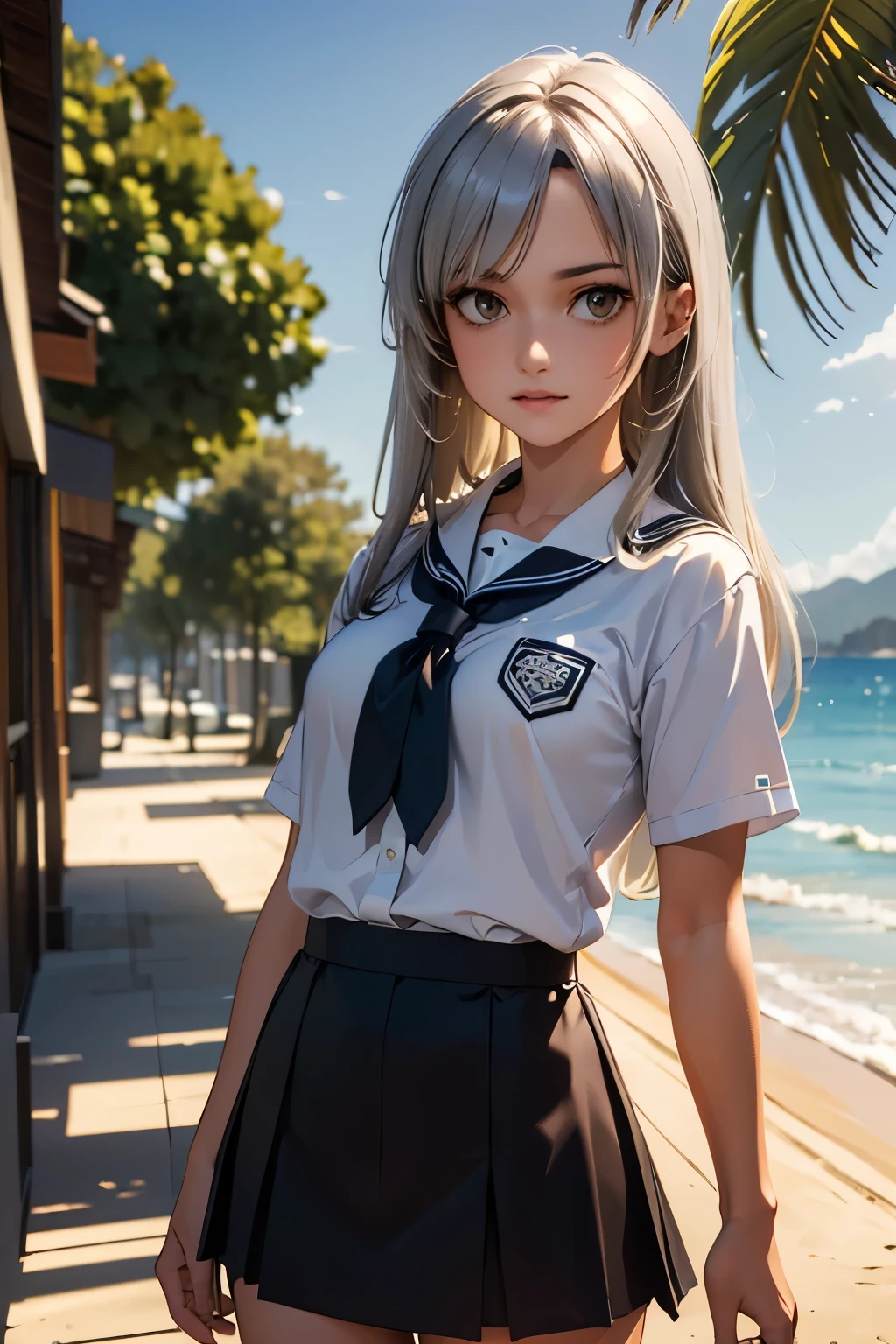 ((masterpiece)), ((best quality)), ((highres)), ((extremely detailed CG unity 8k wallpaper)), solo, tachibana kanade, tan school uniform, black skirt, white socks, outdoors, face, curtained hair, beach, parted hair, silver hair