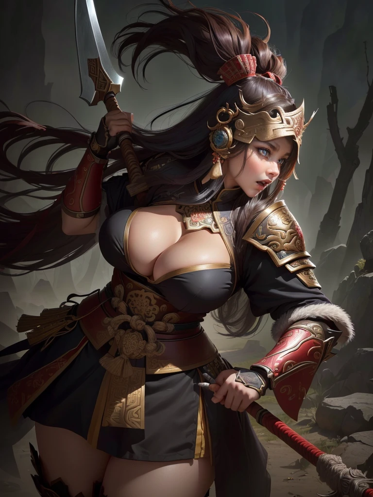a woman with a large axe and a feathered head, inspired by Hu Zaobin, berserker potrait, guan yu, bian lian, sun wukong, mongol, inspired by Huang Shen, inspired by Li Gonglin, tai warlord, inspired by Wu Bin, wukong, inspired by Li Kan, naranbaatar ganbold, Highly detailed CG unit 8k wallpaper, masterpiece, High resolution, highest quality, highest quality real texture skin, Super Real, Digital Painting, Best image quality, 最High resolution, 8k, ((Highly detailed eyes and face, Beautiful eyes every detail)), 1girl, Full Body Shot, Saggy breasts, Gravity-dependent breasts, long chest, Heavy chest, disproportionate breasts, huge breasts, sagging breasts, gigantic breasts, erect nipple, Cleavage cut out, Look away, Gazing into the distance, ((open your mouth wide, stick out tongue, ahegao)), (evil smile, madness, 遠くをにらむ, 遠くを見つめる. profile),