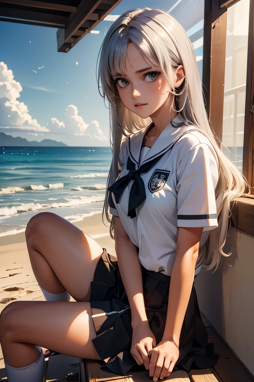 ((masterpiece)), ((best quality)), ((highres)), ((extremely detailed CG unity 8k wallpaper)), solo, tachibana kanade, tan school uniform, black skirt, white socks, outdoors, face, curtained hair, beach, parted hair, silver hair