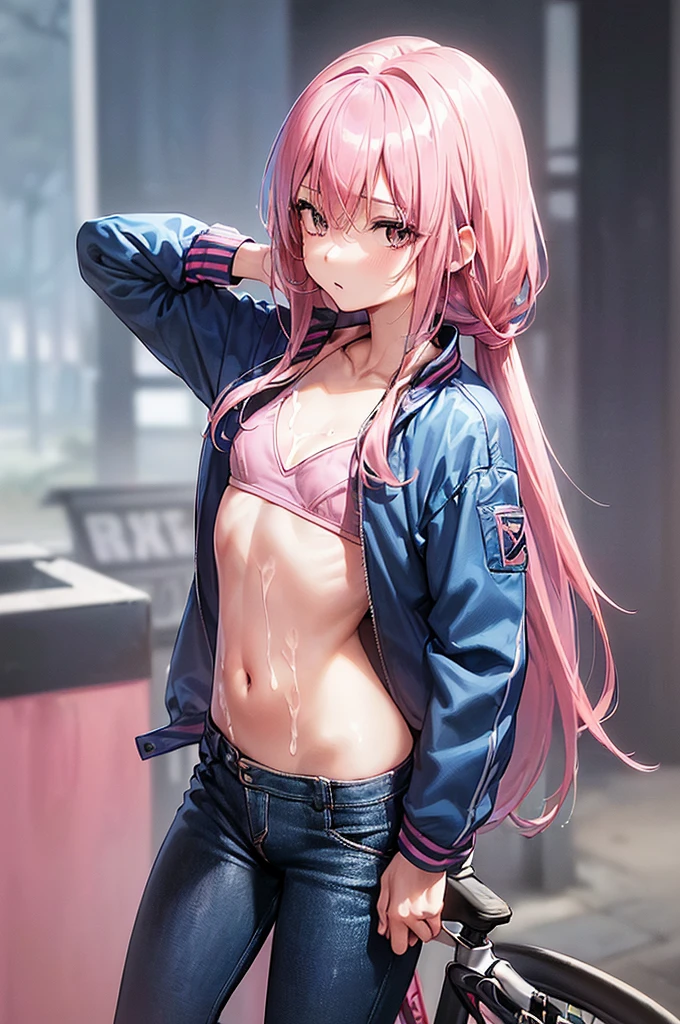 masterpiece, best quality,anime style, 1 girl,(((slender body))), (((small eyes,small breast))),(((Jacket, Open your clothes, Open jacket, Blue jacket, ground vehicle, Sports Bra, bicycle,buruma))),((((cum)))), (beautiful face), (((single braid))), (((straight hair))), ((((pink hair)))),detailed beautiful skin, (perfect hands, perfect anatomy)