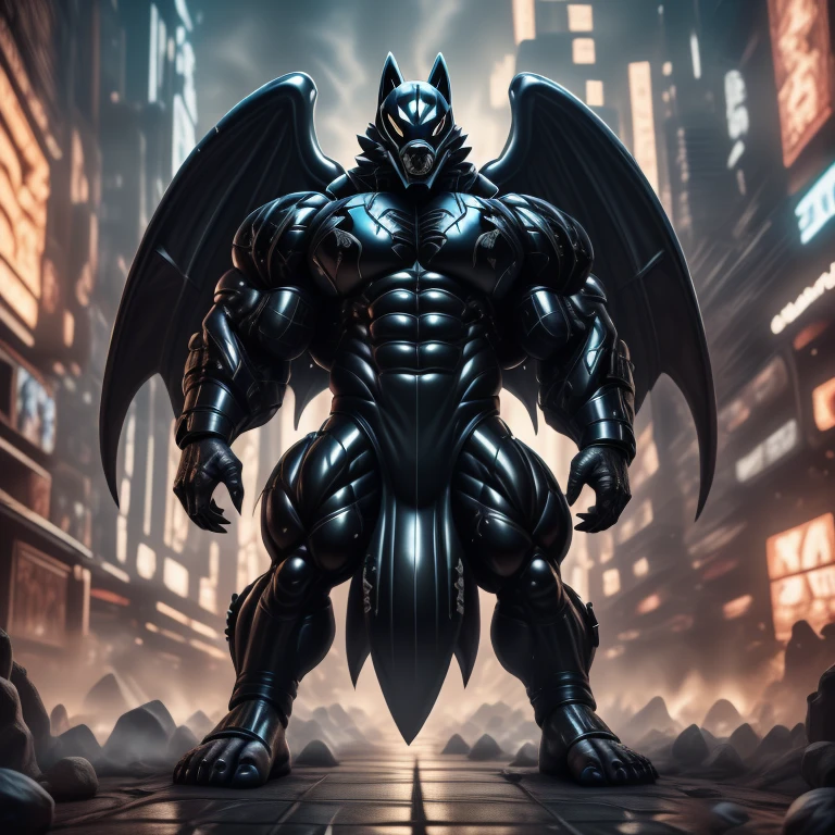 (masterpiece. official art. 8k. best quality. detailed full body. full body.)
(situation 1 : dominating mega lucario. focus GIANT mechanical Muscular mega lucario is trampling the CITY. macro. stomp. Low-angle perspective. emphasizing the immense size. The perspective is from below, emphasizing the sheer majesty and power of the Giant. giant art. He is much bigger than a skyscraper. Giga Giants. micro soccer field. looking down.)
(situation 2 :smoke and flames rising from the destruction in the city)
(Additional details 1: wearing a full-face helmet. helmet is jet black. The color of NANOSUIT is jet black. high-tech bio-mecha armor. real texture material. whole body shines like metal. Wearing cyberpunk mecha. emphasizes the muscles. suit fully made of metal. intricate armor. Robotic suit. suit fully made of metal. no face.). (mega lucario has 5 toes.) Wearing a Full Face Toxic Gas Mask. no blue.
An arrogant expression.
smile at the corner of your mouth.
(Additional details 2: (Detailed head. Detailed Body. Detailed abs. gigantic muscles. HYPER MUSCLES. Gigachad Muscular. big muscle. pecs. triceps. traps. unusually developed muscular body. body full of huge muscles. showing off muscles. pectorales enormes. Exaggeratedly huge muscles. huge muscles. long legs.).
(Additional details 3: nj5furry, Spread wings. It has wings. black have big wings. The claws are sharp. Sharp teeth.5 toes.). Wearing a Full Face Toxic Gas Mask.