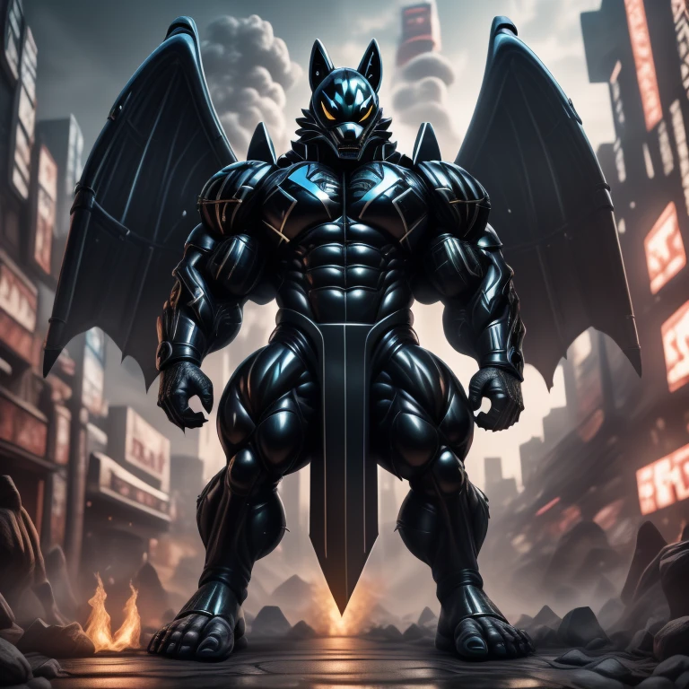 (masterpiece. official art. 8k. best quality. detailed full body. full body.)
(situation 1 : dominating mega lucario. focus GIANT mechanical Muscular mega lucario is trampling the CITY. macro. stomp. Low-angle perspective. emphasizing the immense size. The perspective is from below, emphasizing the sheer majesty and power of the Giant. giant art. He is much bigger than a skyscraper. Giga Giants. micro soccer field. looking down.)

(situation 2 :smoke and flames rising from the destruction in the city)

(Additional details 1: wearing a full-face helmet. helmet is jet black. The color of NANOSUIT is jet black. high-tech bio-mecha armor. real texture material. whole body shines like metal. Wearing cyberpunk mecha. emphasizes the muscles. suit fully made of metal. intricate armor. Robotic suit. suit fully made of metal. no face.). (mega lucario has 5 toes.) Wearing a Full Face Toxic Gas Mask. no blue.
An arrogant expression.
smile at the corner of your mouth.

(Additional details 2: (Detailed head. Detailed Body. Detailed abs. gigantic muscles. HYPER MUSCLES. Gigachad Muscular. big muscle. pecs. triceps. traps. unusually developed muscular body. body full of huge muscles. showing off muscles. pectorales enormes. Exaggeratedly huge muscles. huge muscles. long legs.).

(Additional details 3: nj5furry, Spread wings. It has wings. black have big wings. The claws are sharp. Sharp teeth.5 toes.).  Wearing a Full Face Toxic Gas Mask. 