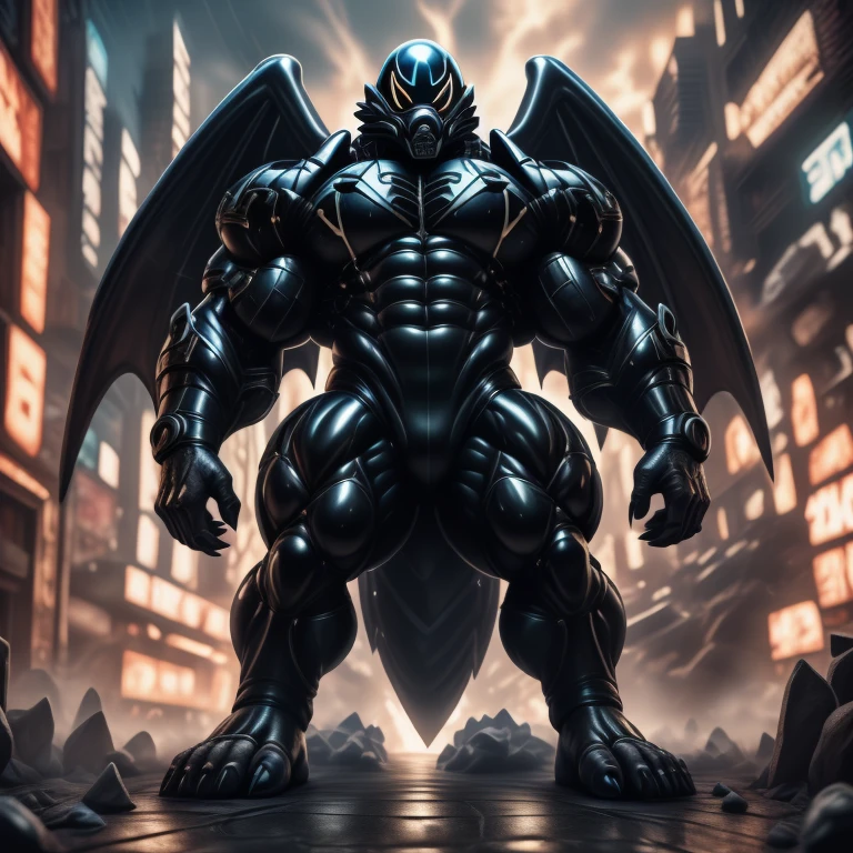 (masterpiece. official art. 8k. best quality. detailed full body. full body.)
(situation 1 : dominating mega lucario. focus GIANT mechanical Muscular mega lucario is trampling the CITY. macro. stomp. Low-angle perspective. emphasizing the immense size. The perspective is from below, emphasizing the sheer majesty and power of the Giant. giant art. He is much bigger than a skyscraper. Giga Giants. micro soccer field. looking down.)

(situation 2 :smoke and flames rising from the destruction in the city)

(Additional details 1: wearing a full-face helmet. helmet is jet black. The color of NANOSUIT is jet black. high-tech bio-mecha armor. real texture material. whole body shines like metal. Wearing cyberpunk mecha. emphasizes the muscles. suit fully made of metal. intricate armor. Robotic suit. suit fully made of metal. no face.). (mega lucario has 5 toes.) Wearing a Full Face Toxic Gas Mask. no blue.
An arrogant expression.
smile at the corner of your mouth.

(Additional details 2: (Detailed head. Detailed Body. Detailed abs. gigantic muscles. HYPER MUSCLES. Gigachad Muscular. big muscle. pecs. triceps. traps. unusually developed muscular body. body full of huge muscles. showing off muscles. pectorales enormes. Exaggeratedly huge muscles. huge muscles. long legs.).

(Additional details 3: nj5furry, Spread wings. It has wings. black have big wings. The claws are sharp. Sharp teeth.5 toes.).  Wearing a Full Face Toxic Gas Mask. 