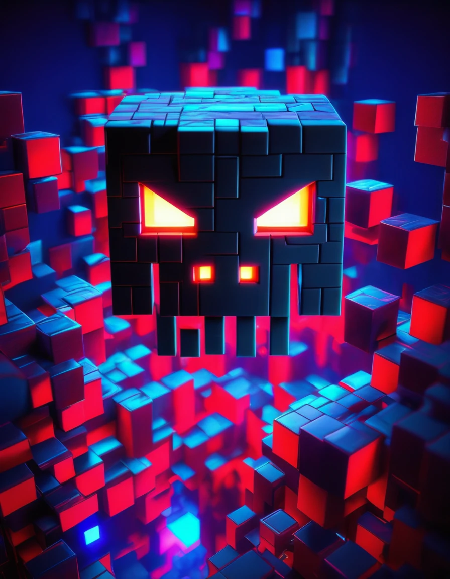 Hacker style minecraft creeper using computer facing forward, tough, blue and red neon background, epic lighting, photographic lighting, reflection mapping, ultra detaild, photorrealistic, cinematographic, film-quality rendering, visual effects post production, RTX ray tracing lighting, humorous evil atmosphere, ombre