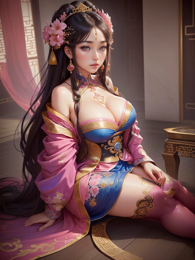 Painting of a woman in a pink and blue dress, Beautiful Fantasy Empress, ancient Chinese Princess, Beautiful character drawings, Chinese Princess, palace, Girl in Han Dress, Princess of an ancient Asian dynasty, Ancient Chinese Beauties, Inspired by Run In, Beautiful and attractive anime woman, Beautiful Fantasy Empress, Beautiful renderings of the Tang Dynasty, Beautiful oriental woman, Empress of China, Highly detailed CG unit 8k wallpaper, masterpiece, High resolution, highest quality, highest quality real texture skin, Super Real, Digital Painting, Best image quality, 最High resolution, 8k, ((Highly detailed eyes and face, Beautiful eyes every detail)), (wariza, seiza, from front, girl sitting, sit on the floor), huge breasts, gigantic breasts, disproportionate breasts, huge breasts, gigantic breasts, open your mouth,  , 