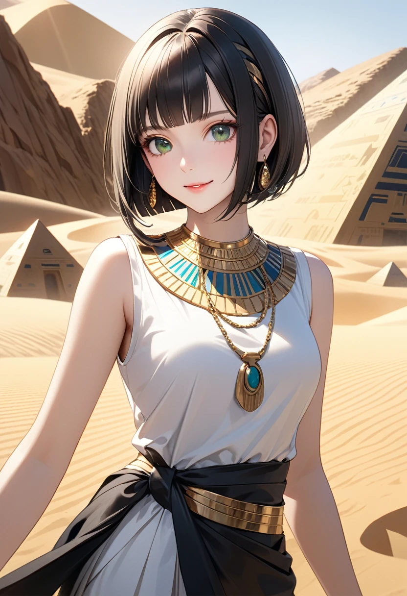 Old Egyptian AI, Cleopatra, Greek, Egyptian Queen, (Traditional Egyptian Wigs), (Beautiful and exquisite face and eyes:1.2), Green Eyes, Black Hair, (I slicked my hair back.), Bobcut, White skin, Detailed skin, Medium chest, Egyptian white sleeveless dress, (Egyptian clothing made with an abundance of gold and jewels), Egyptian Dress Up, Gorgeous skirts, Gorgeous gold gemstone necklace, Earrings, Gold accessories for the whole body, One girl, alone, 最high quality, (masterpiece:1.2), high quality, High resolution, (Super detailed), (Portraiture), Realistic, 4K, Ultra HD, Highly detailed and exquisite, High resolution, High resolution, Highly detailed CG, 2 bits.8 Lenses, Detailed Background, Detailed landscape, (Dynamic pose:1.2), (Cowboy Shot:1.2), oasis, Cinema Lighting, smile, One Pyramid, desert,