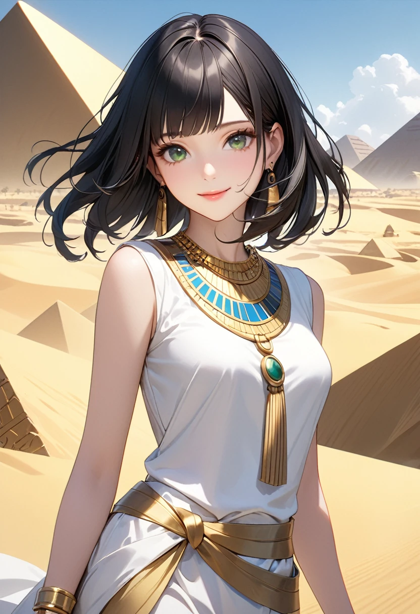 Old Egyptian AI, Cleopatra, Greek, Egyptian Queen, (Traditional Egyptian Wigs), (Beautiful and exquisite face and eyes:1.2), Green Eyes, Black Hair, (I slicked my hair back.), Bobcut, White skin, Detailed skin, Medium chest, Egyptian white sleeveless dress, (Egyptian clothing made with an abundance of gold and jewels), Egyptian Dress Up, Gorgeous skirts, Gorgeous gold gemstone necklace, Earrings, Gold accessories for the whole body, One girl, alone, 最high quality, (masterpiece:1.2), high quality, High resolution, (Super detailed), (Portraiture), Realistic, 4K, Ultra HD, Highly detailed and exquisite, High resolution, High resolution, Highly detailed CG, 2 bits.8 Lenses, Detailed Background, Detailed landscape, (Dynamic pose:1.2), (Cowboy Shot:1.2), oasis, Cinema Lighting, smile, One Pyramid, desert,