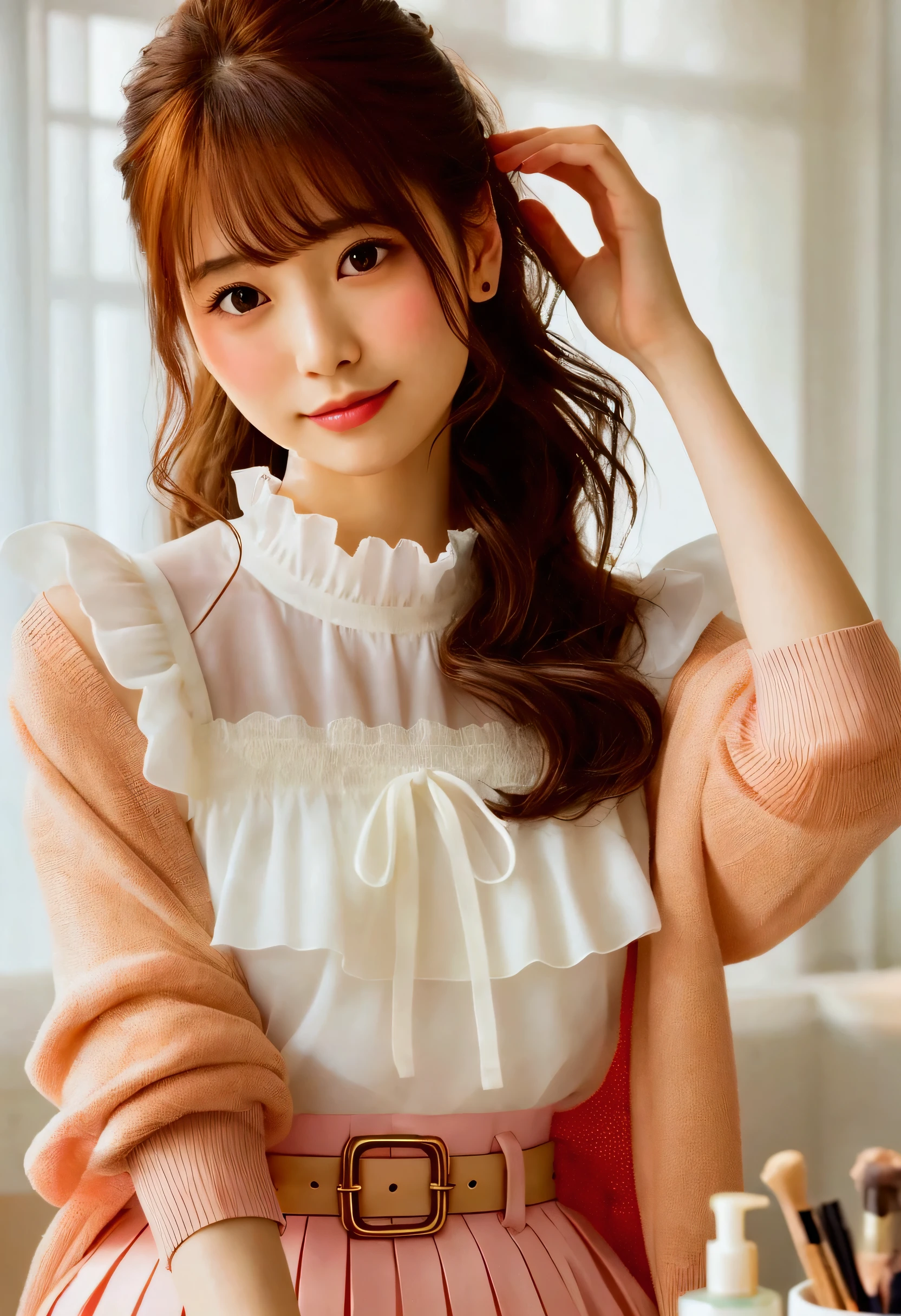 A young woman named Iroha is relaxing in an onsen (Japanese hot spring). She has dark brown, shoulder-length straight hair with bangs covering her forehead, lightly tied back. She has fair, healthy skin and a slender body with an E-cup bust. The steam from the onsen rises around her, creating a serene and intimate atmosphere. Iroha's expression is one of gentle pleasure, her eyes closed and lips slightly parted. The warm water of the onsen gently laps at her skin, highlighting her delicate features. Her body is partially submerged, with her upper body and shoulders visible above the water. She is positioned in a way that showcases her graceful and feminine form, with her arms resting gently on the edge of the onsen. The background features traditional Japanese onsen elements, such as natural rocks and wooden structures, enhancing the peaceful and authentic setting.