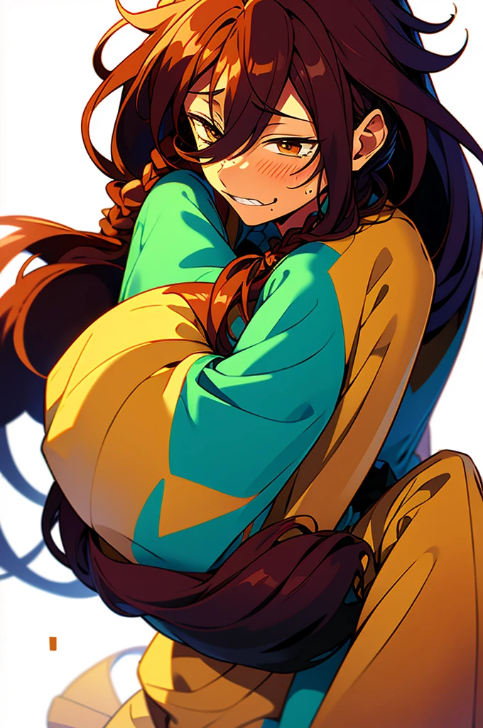 Mayoi hugging cute with long caramel hair and brown eyes