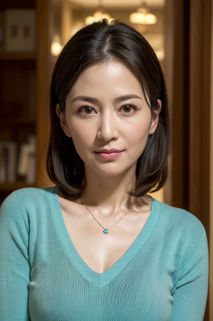 (In 8K, Highest quality, masterpiece:1.2), (Realistic, Photorealistic:1.37), Ultra-detailed, Natural light, Small breasts, I can see her cleavage, 1 person, 35-year-old woman, Black Hair, pendant, Turquoise Light Knit V-Neck Shirt, Highly detailed face and skin, Detailed eyes, Highly detailed face and skin