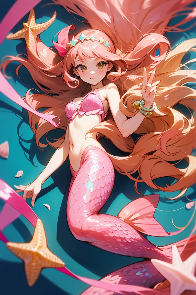 Mermaid, mermaid with pink tail, long caramel hair, caramel hair, brown eyes, wears a pink top with seashells, wears seashell accessories, pearl beads decorating waist, wears a pink headband with seashells and starfish, caramel hair, light brown hair