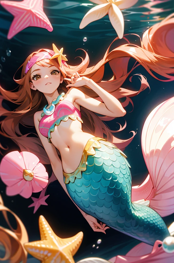 Mermaid, mermaid with pink tail, long caramel hair, caramel hair, brown eyes, wears a pink top with seashells, wears seashell accessories, pearl beads decorating waist, wears a pink headband with seashells and starfish, caramel hair, light brown hair