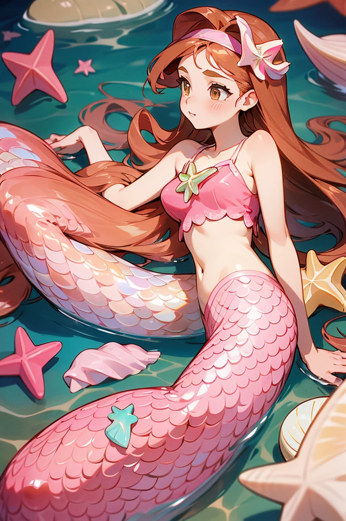 Mermaid, mermaid with pink tail, long caramel hair, caramel hair, brown eyes, wears a pink top with seashells, wears seashell accessories, pearl beads decorating waist, wears a pink headband with seashells and starfish, caramel hair, light brown hair