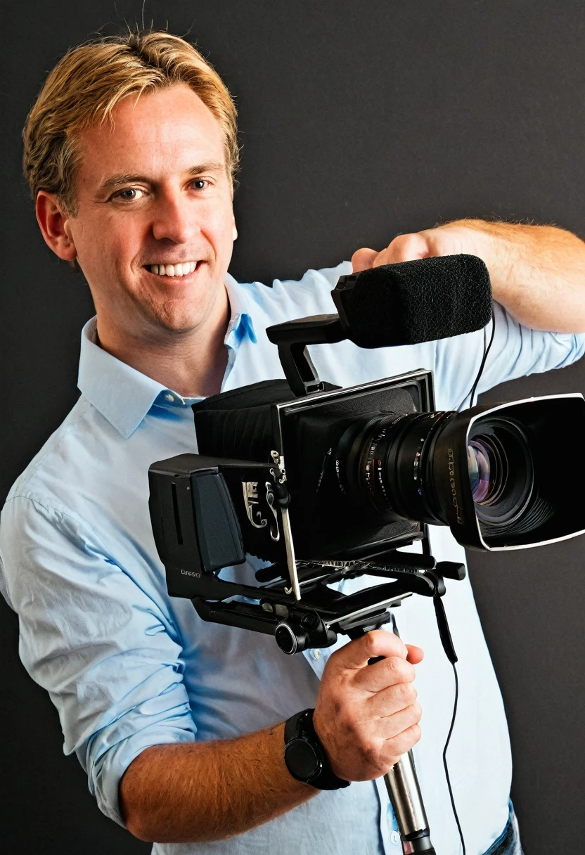 White man holding a recording camera, the man is half sideways, the background is black
