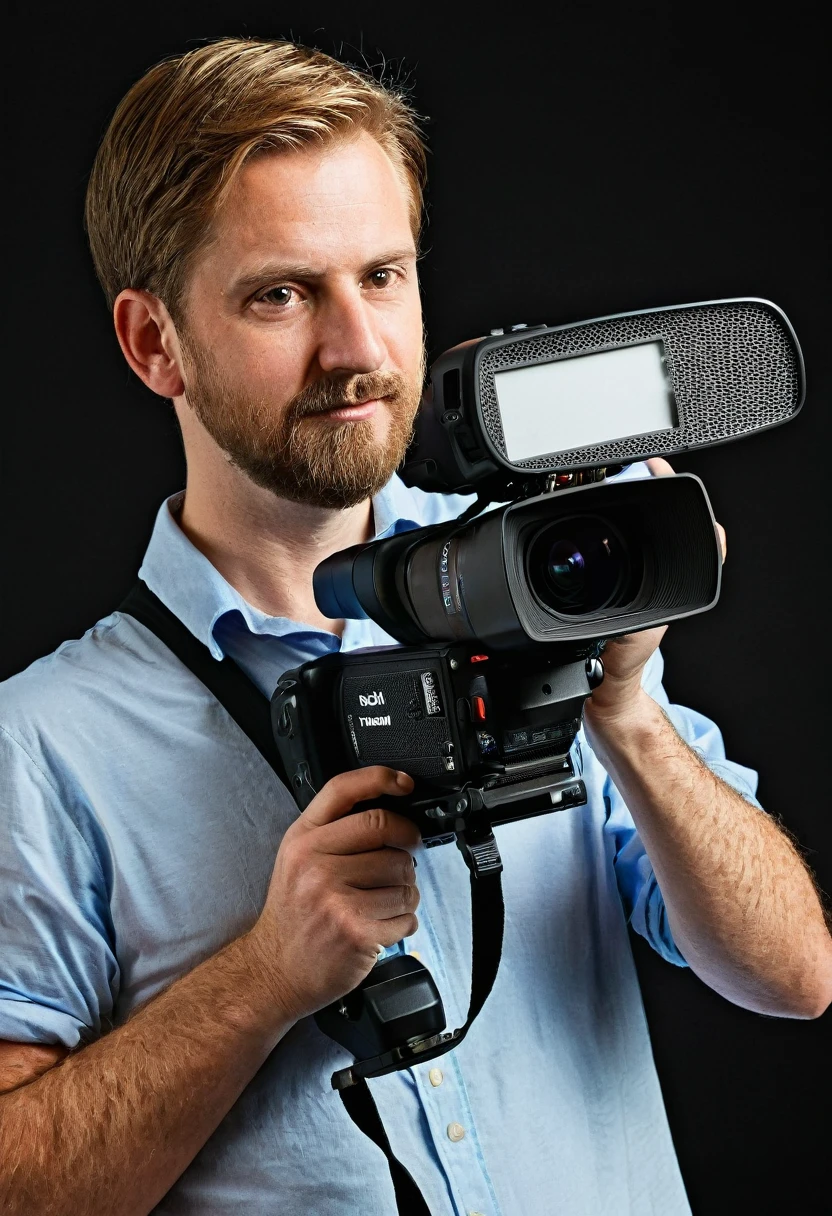 White man holding a recording camera, the man is half sideways, the background is black