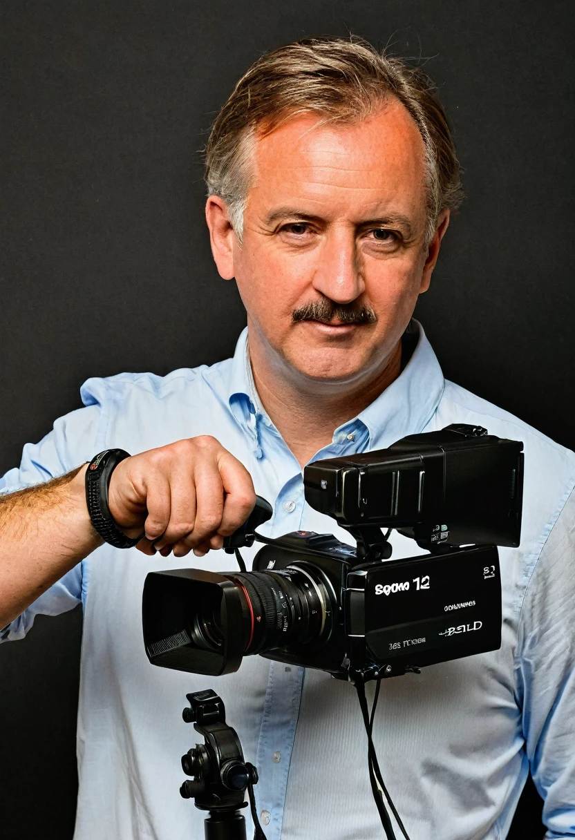 White man holding a recording camera, the man is half sideways, the background is black