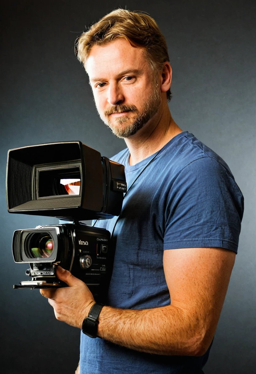 White man holding a recording camera, the man is half sideways, the background is black