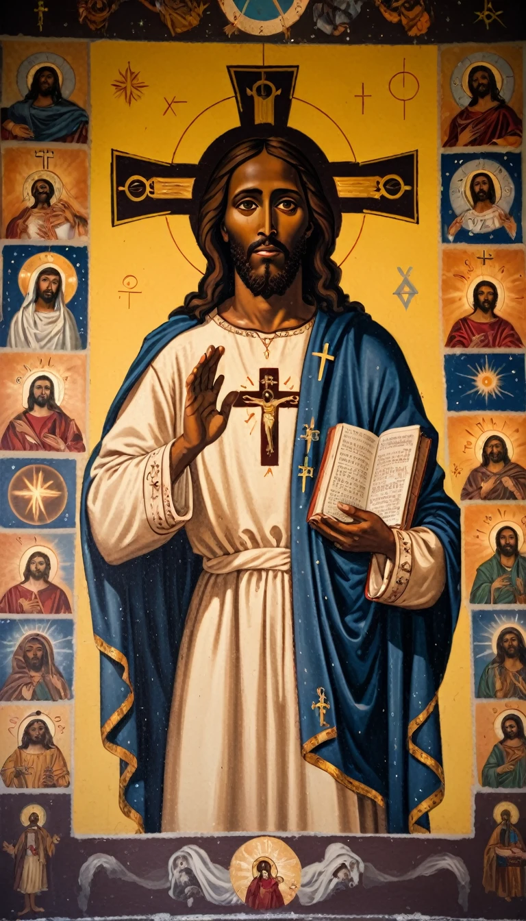 black jesus christ, orthodox painted on the wall, symbols and elements of astrology,
