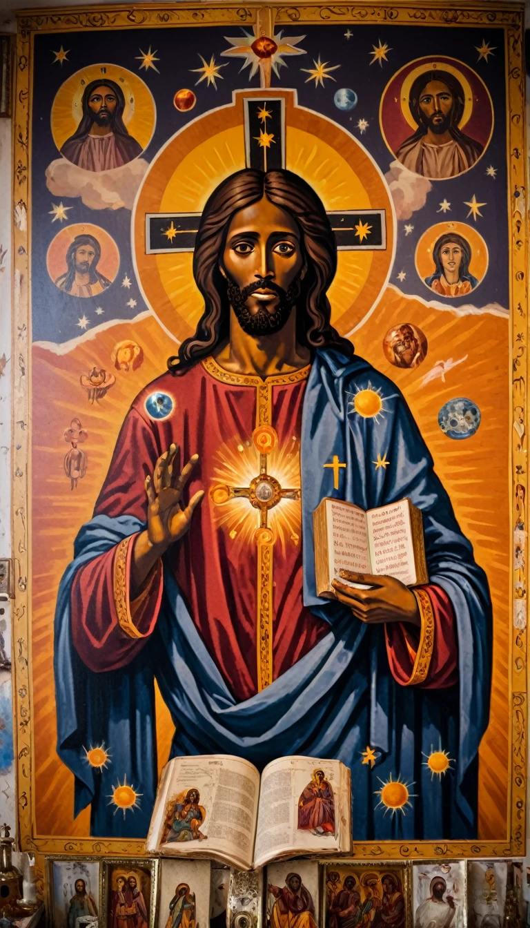 black jesus christ, orthodox painted on the wall, symbols and elements of astrology,
