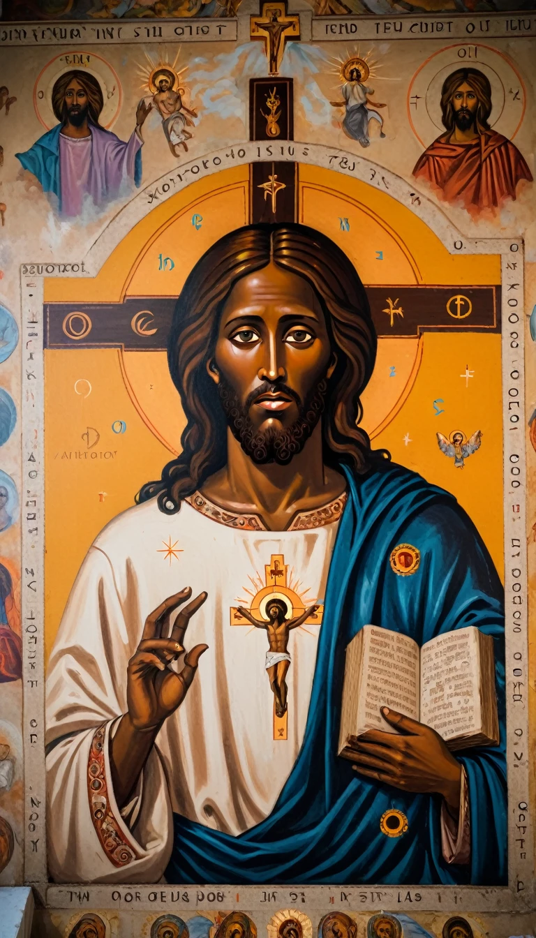 black jesus christ, orthodox painted on the wall, symbols and elements of astrology,
