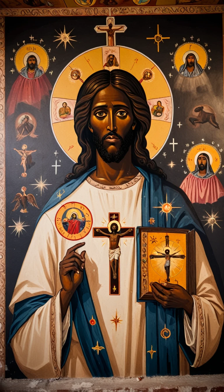 black jesus christ, orthodox painted on the wall, symbols and elements of astrology,
