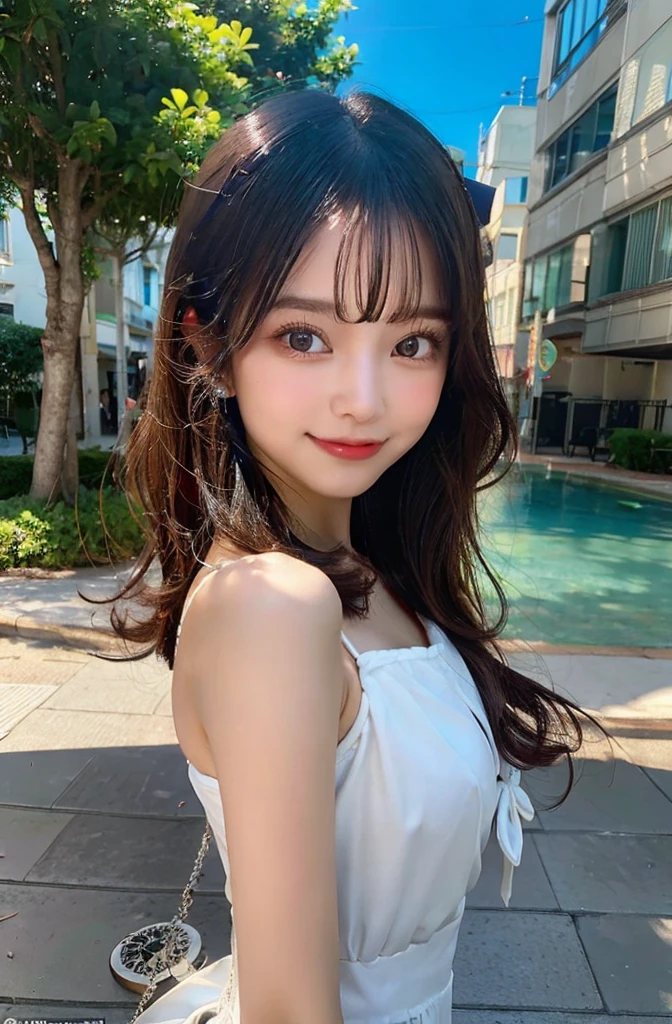 The scene unfolds on a dazzling summer afternoon. The sun shines in the sky, pintando o oceano de azul profundo e criando reflexos dourados nas pequenas ondas que acariciam a areia dourada da praia.

no centro da imagem, uma jovem mulher de aproximadamente 20 anos se destaca. Your skin is lightly tanned by the sun, enhancing the contrasts with her red hair that falls in soft curls on her shoulders. Seu rosto, iluminado pela luz do dia, revela uma beleza natural e uma suavidade encantadora.

The girl's eyes are like emeralds, glowing with a unique intensity that seems to reflect the colors of the ocean. They look directly into the camera, transmitindo uma serenidade cativante. A perfect smile adorns your lips, revelando dentes brancos e alinhados.

Dressed in an elegant and discreet black bikini, The young woman radiates confidence and elegance. The costume enhances the delicate curve of her shoulders and accentuates her slender silhouette, criando uma imagem de pura graciosidade.

Ao fundo, uma cidade moderna se ergue contra o horizonte. The buildings blend together in an urban tapestry, cada janela refletindo os raios do sol, criando um brilho dourado que contrasta com o azul profundo do oceano.

This scene perfectly captured in photography conveys a sense of serenity and timeless beauty, um momento congelado no tempo que celebra a harmonia entre a natureza e a urbanidade.