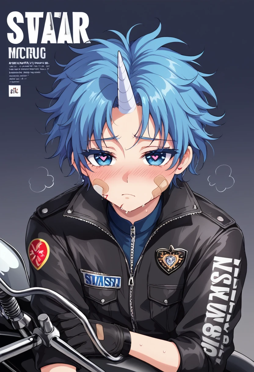 Semi-human unicorn boy, pastel blue hair, long and slightly messy hair, pale blue unicorn horn, dark blue eyes, long eyelashes, red dark circles under his eyes, bruises and wounds on the face, tired expression, blushing, sweaty, handsome, cute boy, motorcycle jacket, black combat gloves, pins of hearts in the jacket, in the cover of fashion and gossip magazine, shy expression, band-aid on cheek, heart-shaped pupils