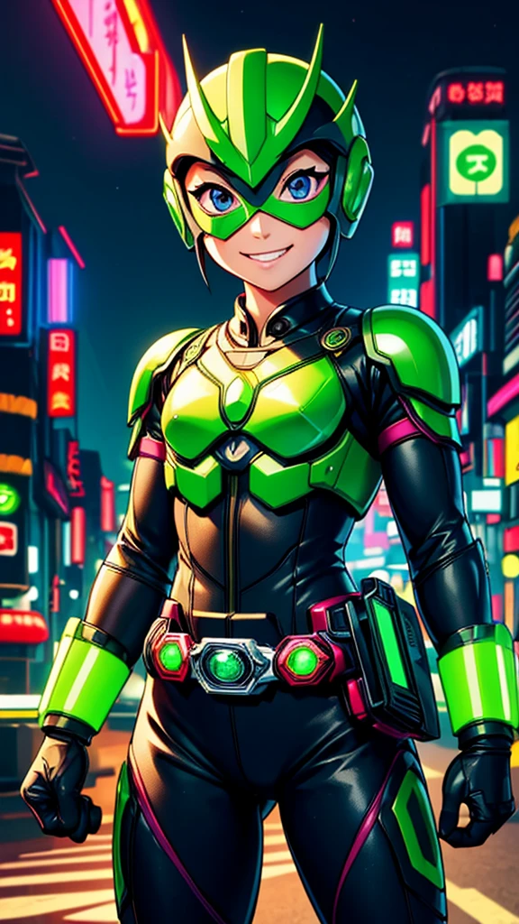 (8k),(masterpiece),(Japanese),(***************),((innocent look)),((Childish)),From the front,smile,cute,Innocent,Kind eyes,Flat chest,green helmet,green domino mask,Mulan, bald,no Hair,Strong wind,night,dark, Neon light cyberpunk city,Kamen_Rider,camisa