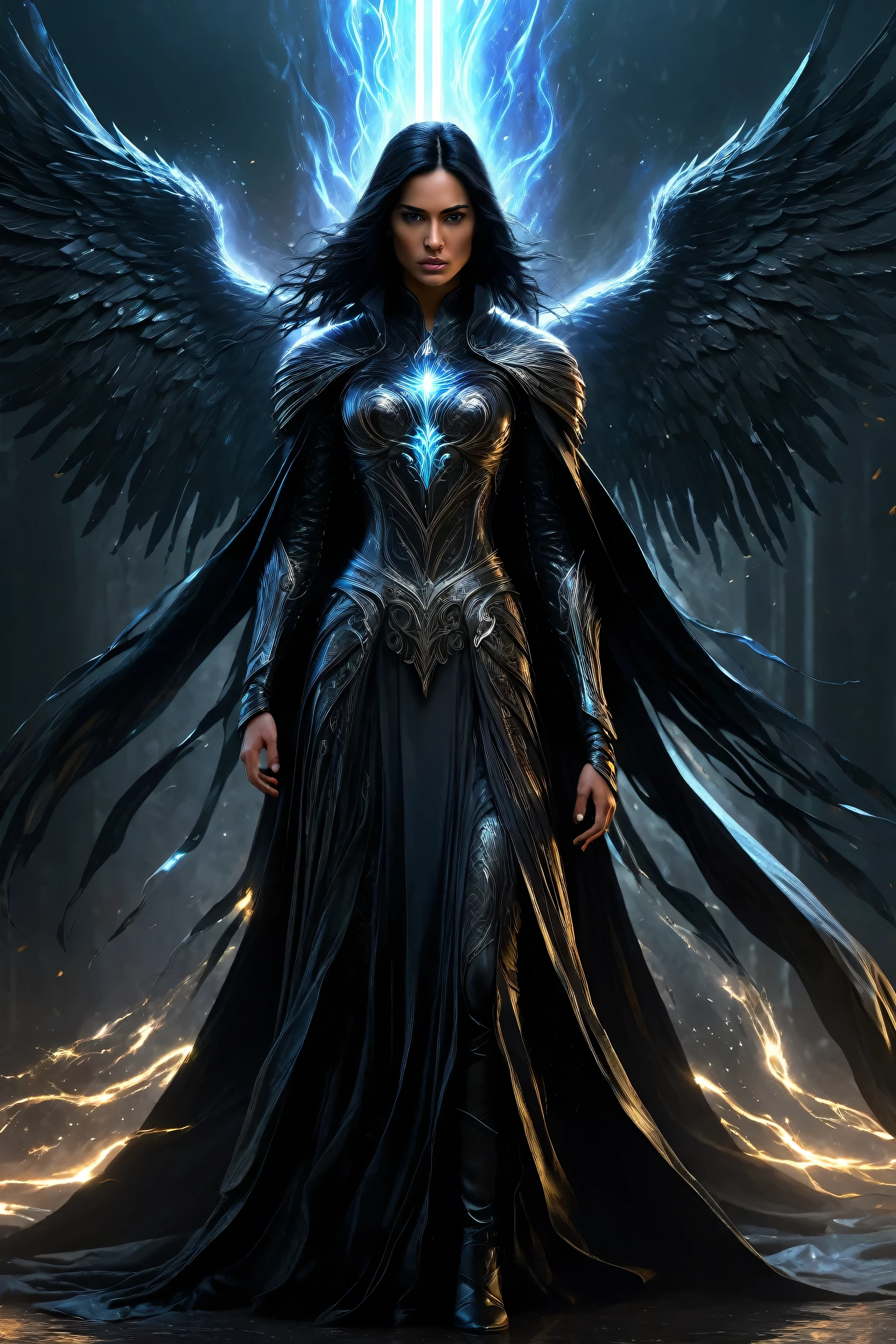 realistic, masterpiece, best quality, detailed,1girl, (black hair:1.2), standing posing, evil knight with a long flowing dark cape, angel of darkness ,fearsome and visually striking character with shifting tendrils, dark holographic glow, dim light, fantasy art, attention to details