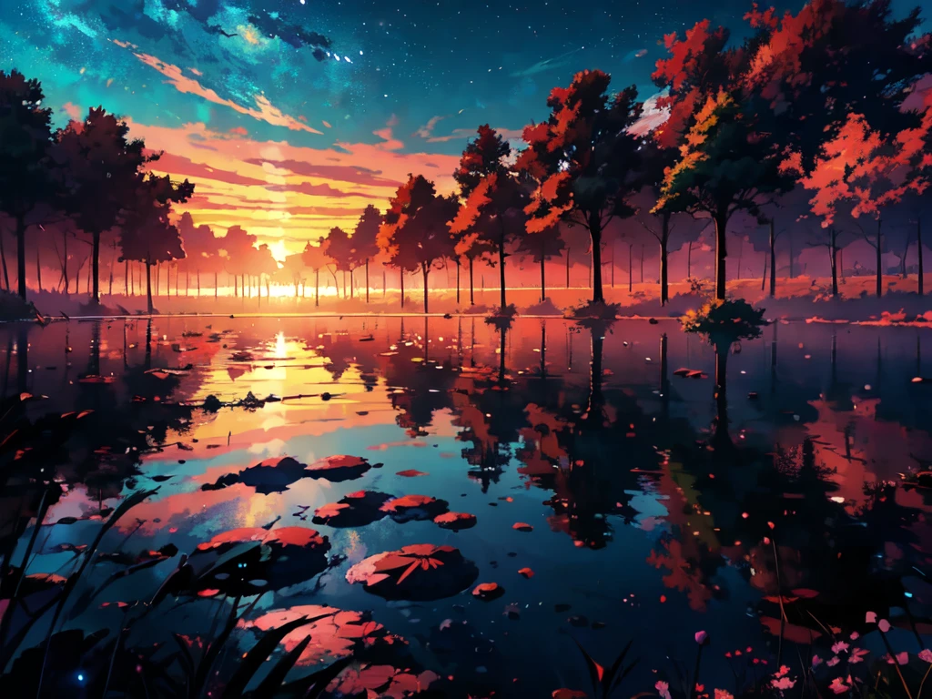 Sunset anime style scene with summer forest and countryside, Space Sky. by makoto shinkai, The sky is reflected on the clear water,Great background, Anime Sky, anime art wallpaper 4k, anime art wallpaper 4k, Highly detailed digital art in 4K, Anime Art Wallpapers 8K, Ross Tran. Landscape Background, Anime Background Art, anime wallpaper 4k