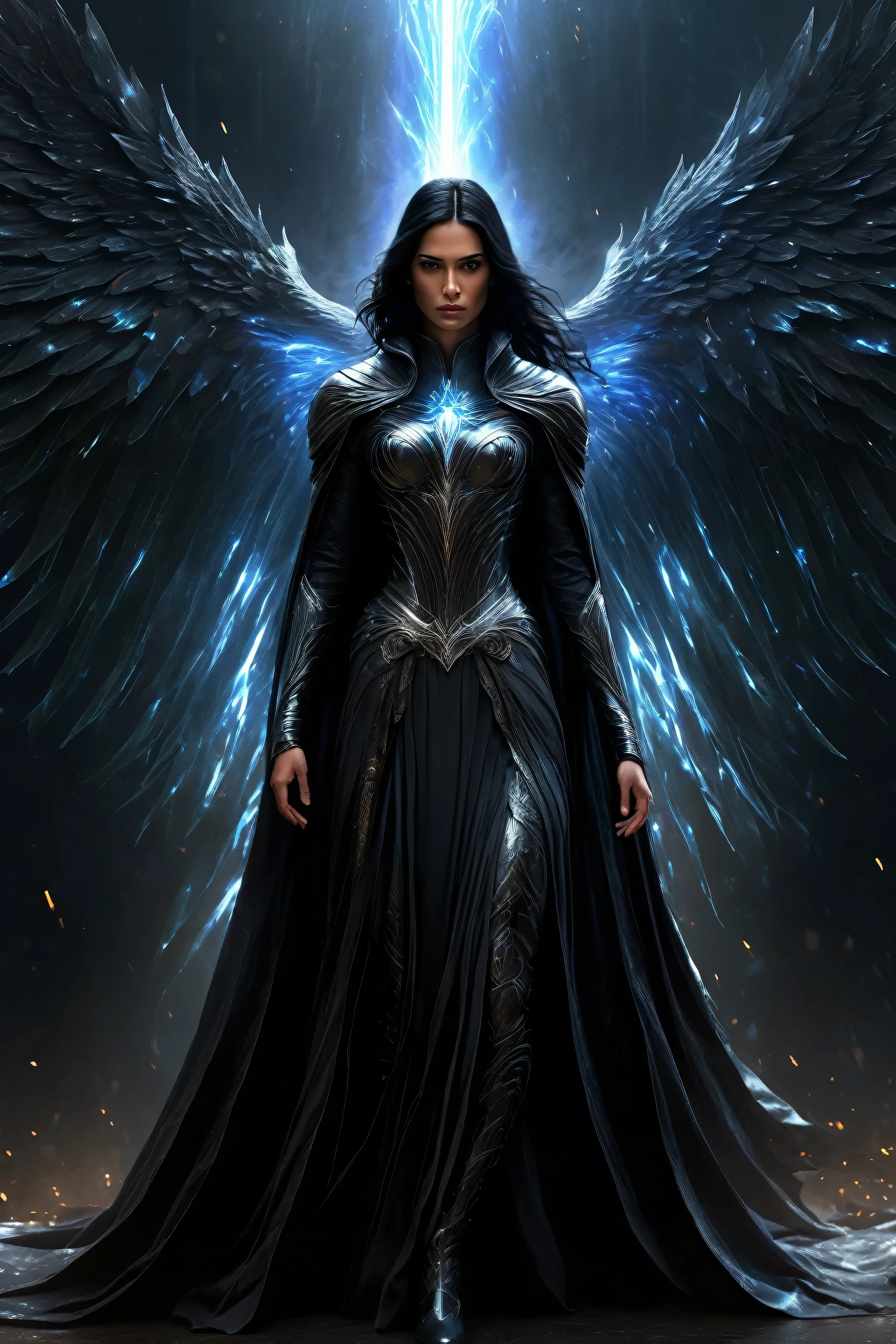 realistic, masterpiece, best quality, detailed,1girl, (black hair:1.2), standing posing, evil knight with a long flowing dark cape, angel of darkness ,fearsome and visually striking character with shifting tendrils, dark holographic glow, dim light, fantasy art, attention to details